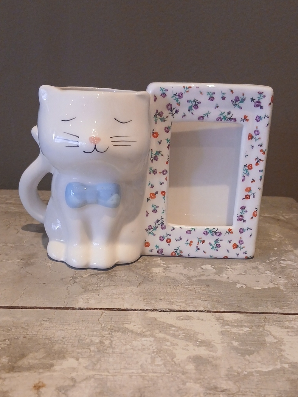 Ceramic White Cat Photo Frame with vase option